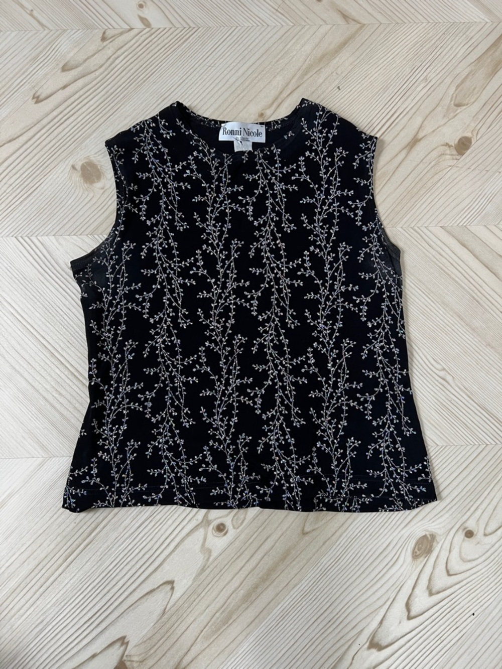 Ronni Nicole Black Tank Top with sparkling Floral Vine Print
